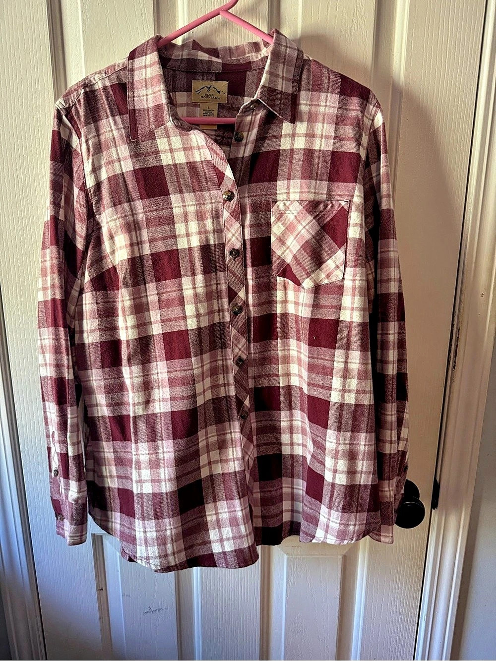 Blue Mountain Plaid Cotton Shirt in Burgundy & White Large
